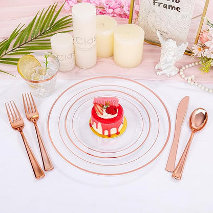 bUCLA 300PCS Clear Rose Gold Plastic Dinnerware - Rose Gold Disposable Dinnerware Set Include 50 Dinner Plates,50 Dessert Plates,50 Knives,50 Forks,50 Spoons,50 Cups for Party, Wedding & Mother’s Day