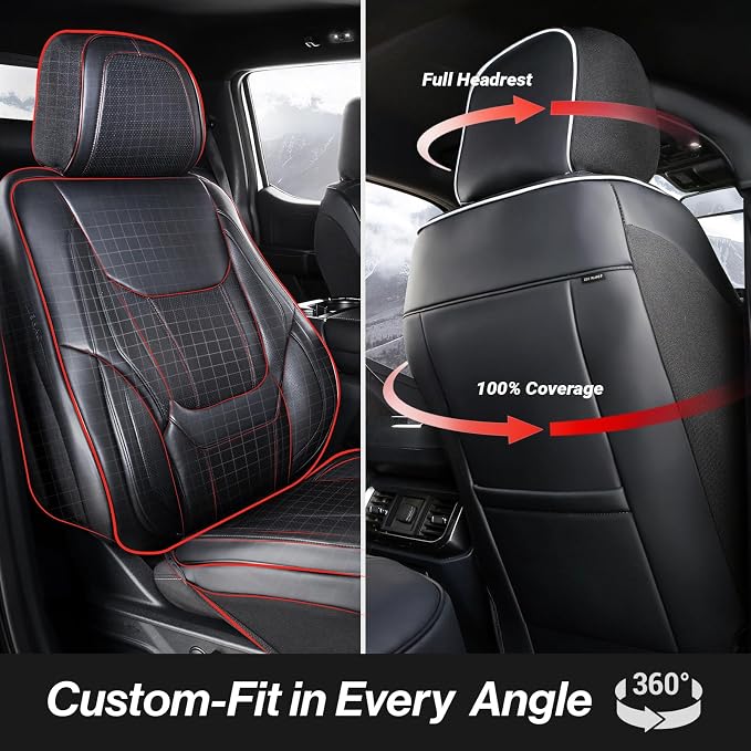 Coverland Custom Truck Car Seat Covers Front Seats for [2017-2025 F150 Raptor Super, SuperCrew Cab] - Protector Water Resistant Leather Memory Form Seat Cushion [Front - Black with White Stitching]