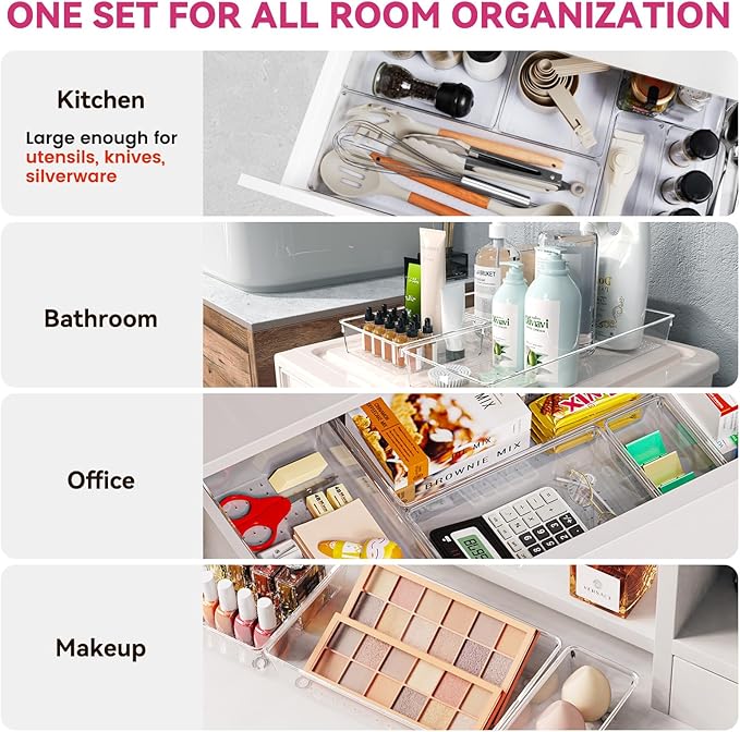 Criusia 26 Pack Large Clear Plastic Drawer Organizer Bins -5 Size Heavy Duty Acrylic Kitchen Drawer Organizers and Storage for Utensils -Bathroom Drawer Organizer Trays for Makeup Office Organization