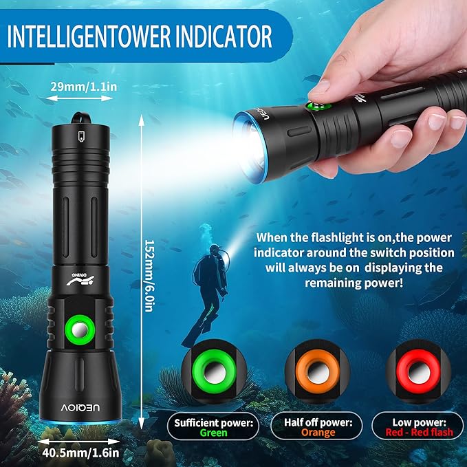 Dive Light Scuba Diving Flashlight Dive Torch Rechargeable,3500Lumens 6 Modes Underwater Light,IPX8 Waterproof Flashlight, Safety Dive Lights with Power Indicator for Night Diving