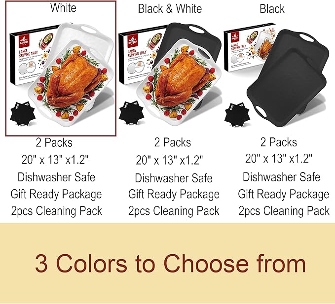Extra Large 20" x 13" Serving Platters for Turkey, Cookie, Cupcakes, Gift Ready Melamine Serving Tray with Handles for Party Entertaining, Raised Dots & Matt Finish, Set of 2, White