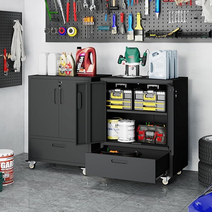 Metal Storage Cabinet with Wheels, Mobile Garage Storage Cabinet with 2