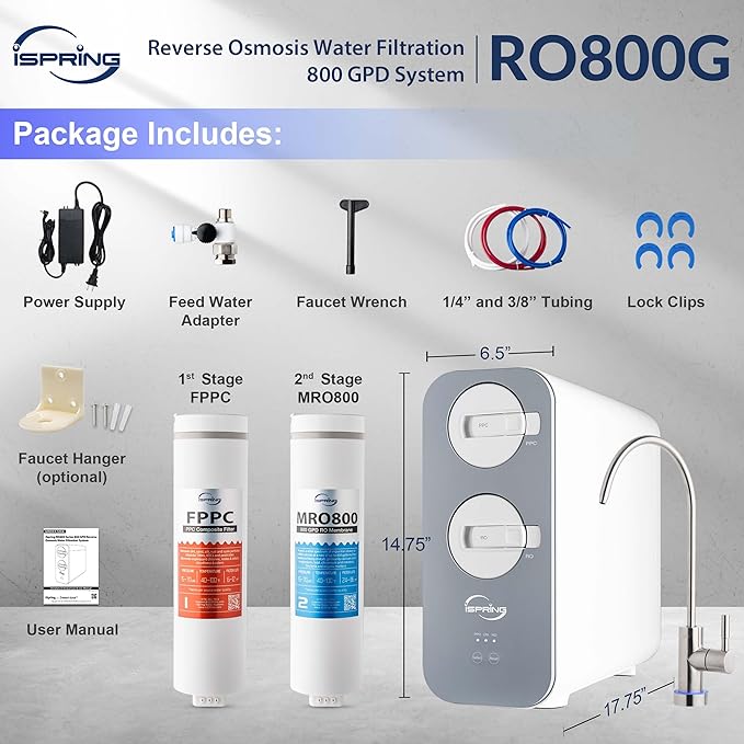iSpring RO800G Tankless Reverse Osmosis System, 800 GPD Under Sink Water Filter