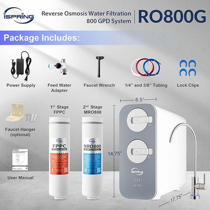 iSpring RO800G Tankless Reverse Osmosis System, 800 GPD Under Sink Water Filter