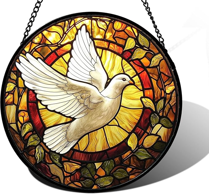 DASTOLL Stained Glass Window Hanging, Flying White Dove Sun Catchers Diamond
