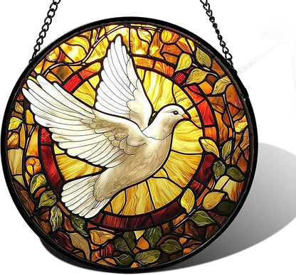 DASTOLL Stained Glass Window Hanging, Flying White Dove Sun Catchers Diamond