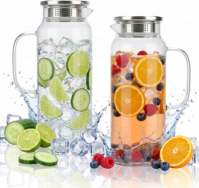 2 Pack Glass Pitcher with Lid and Handle, 68oz 2 Liter Borosilicate Glass Water