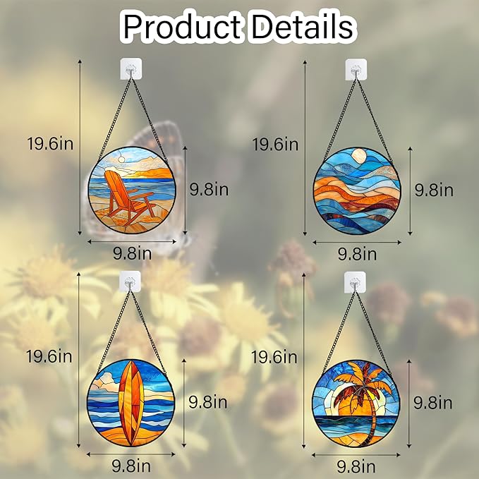 DASTOLL Stained Glass Window Hanging 4 Pcs Set Blue Orange Ocean Beach Theme