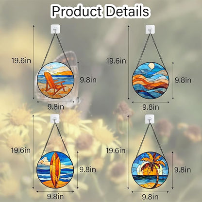 DASTOLL Stained Glass Window Hanging 4 Pcs Set Blue Orange Ocean Beach Theme