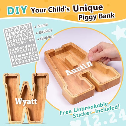 SummiDate Wooden Letter Piggy Bank| Piggy Bank for Boys Girls Toddler| Alphabet W Money Bank| Coin Bank Birthday Gift for Kids|Birthday Gift for Kids (W)