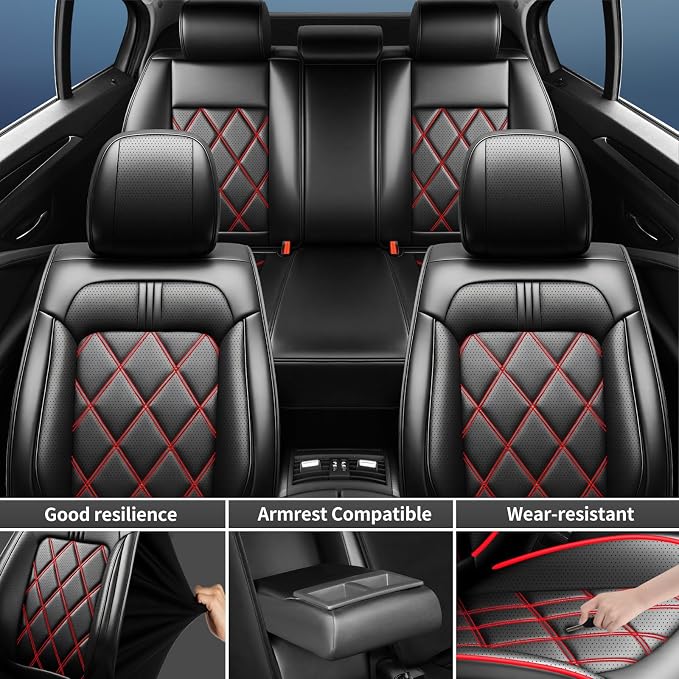 Traverse Seat Covers Fit for Chevrolet/Chevy Traverse 2018-2026, Full Coverage Leather Waterproof Breathable Seat Covers, Automotive Seat Protectors, Airbag Compatible, 2 Front Seats, Red Black