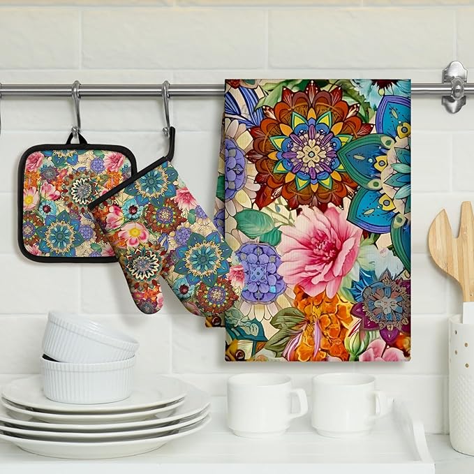 Jingmore 6 Pcs Kitchen Decor Set Accessory Farmhouse Kitchen Towels Pot Holders