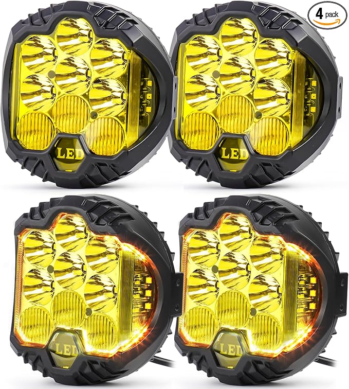 LIGBT 4PCS 7 Inch Amber Round LED Offroad Lights 90W Amber Yellow Off Road Light Fog Lights Driving lightsWaterproof Light Pods for Pickup Trucks 4x4 SUV ATV UTV