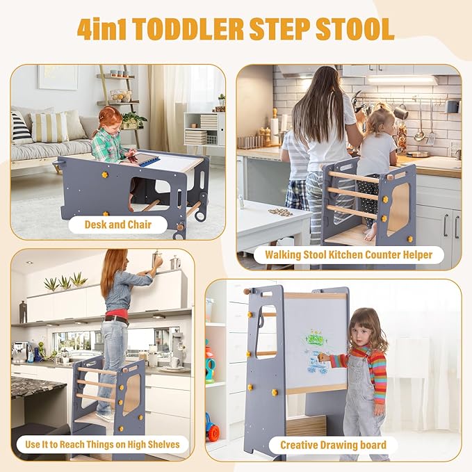 Toddler Standing Tower, Kitchen Stool Helper with Whiteboard, Adjustable Height Kids Toddler Step Stool with Anti-Slip Protection, Kids Step Stool with Safety Feet for Kitchen Bathroom