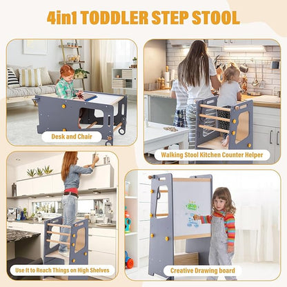 Toddler Standing Tower, Kitchen Stool Helper with Whiteboard, Adjustable Height Kids Toddler Step Stool with Anti-Slip Protection, Kids Step Stool with Safety Feet for Kitchen Bathroom