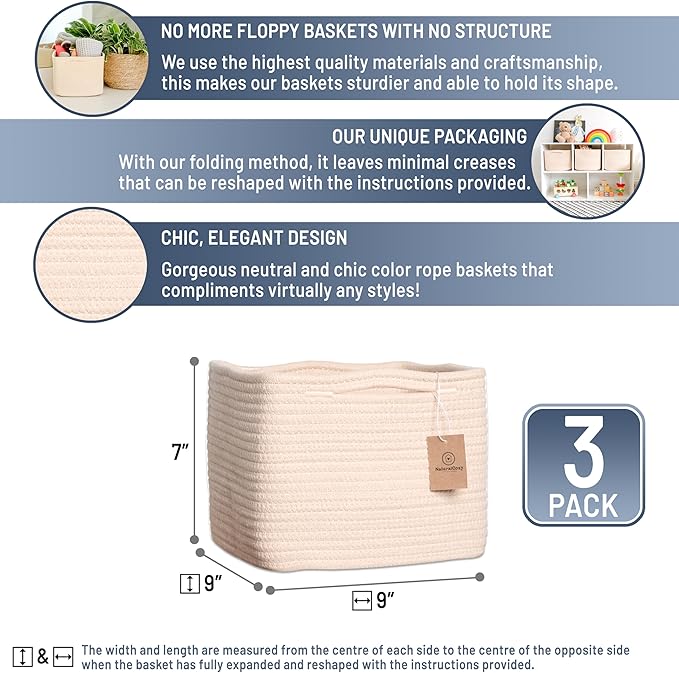 NaturalCozy Storage Cubes 9”x9”x7”Cotton Rope Woven Baskets