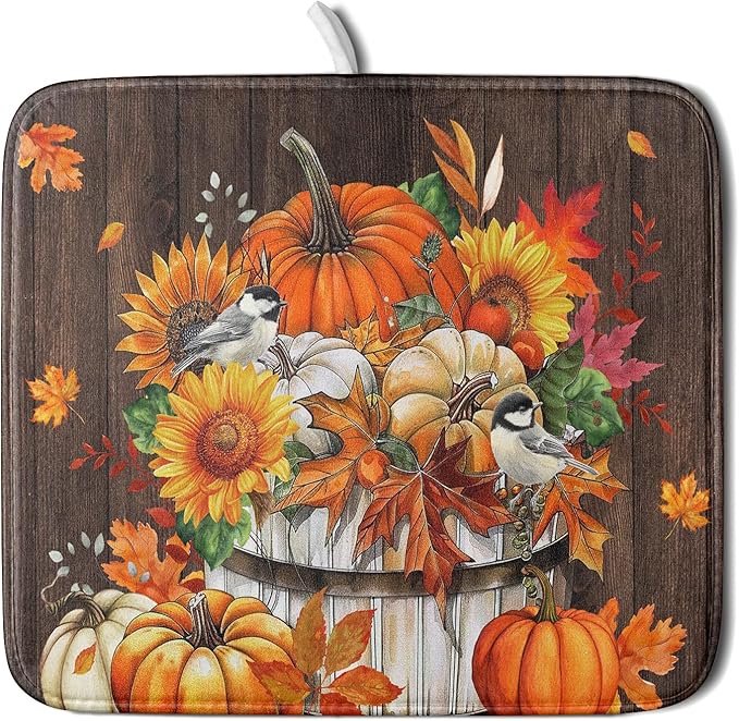 Fall Pumpkin Dish Drying Mat for Kitchen Counter Decor 16x18 Inch Halloween