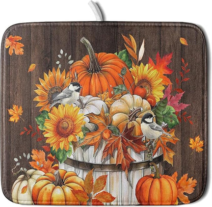 Fall Pumpkin Dish Drying Mat for Kitchen Counter Decor 16x18 Inch Halloween