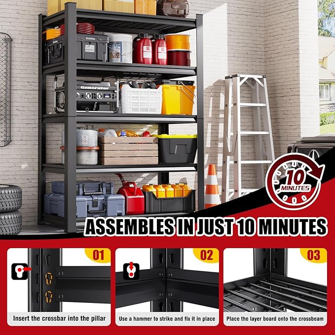 Set of 3 Garage Shelving-3000 lbs 5 Tier Storage Shelves, Adjustable Heavy Duty