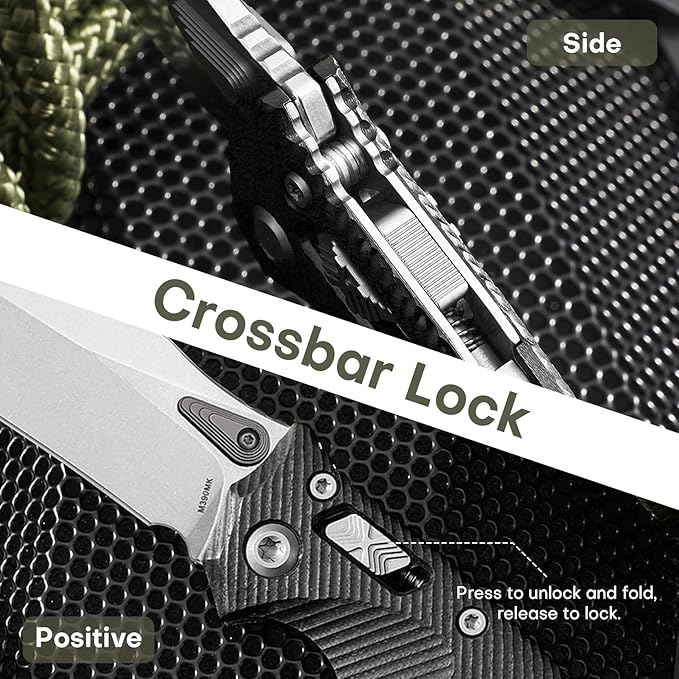 Folding Pocket Knife for Men, M390 3.7" Blade with G10 Handle and Crossbar Lock, EDC Knife for Camping, Hiking, and Outdoor Gifts for Him (Black)