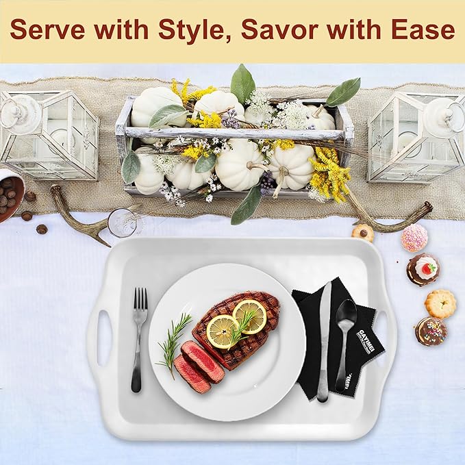20" x 13" Large Serving Platters for Turkey, Cookie, Cupcakes, Gift Ready Melamine Serving Tray with Handles for Party Entertaining, Raised Dots & Matt Finish, Set of 2, White & Black