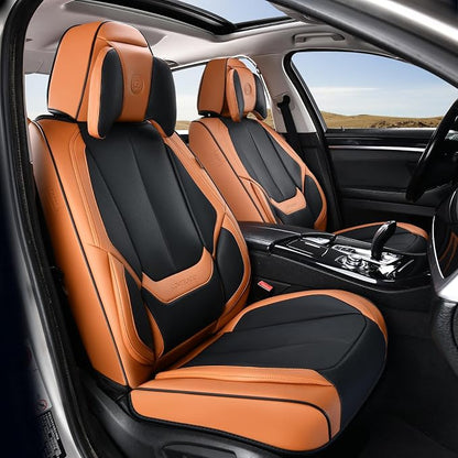 Coverado Universal Seat Covers Front, 2-Pack Universal Seat Covers for Cars, Waterproof Nappa Leather Car Seat Covers with Head Pillow, Auto Protectors Fit for Most SUV Pick-up Truck-Black&Brown