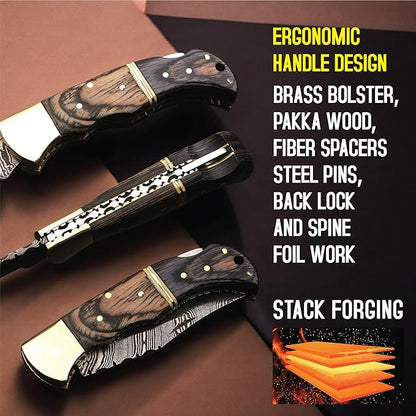 6.5 inch Damascus Pocket Knife with Sheath, Handmade Folding Pocket Knife for Men, Black-Red Wooden Handle with Brass Bolster, Secure Lock Back Camping Knife for EDC,Hunting,Hiking (Brown)