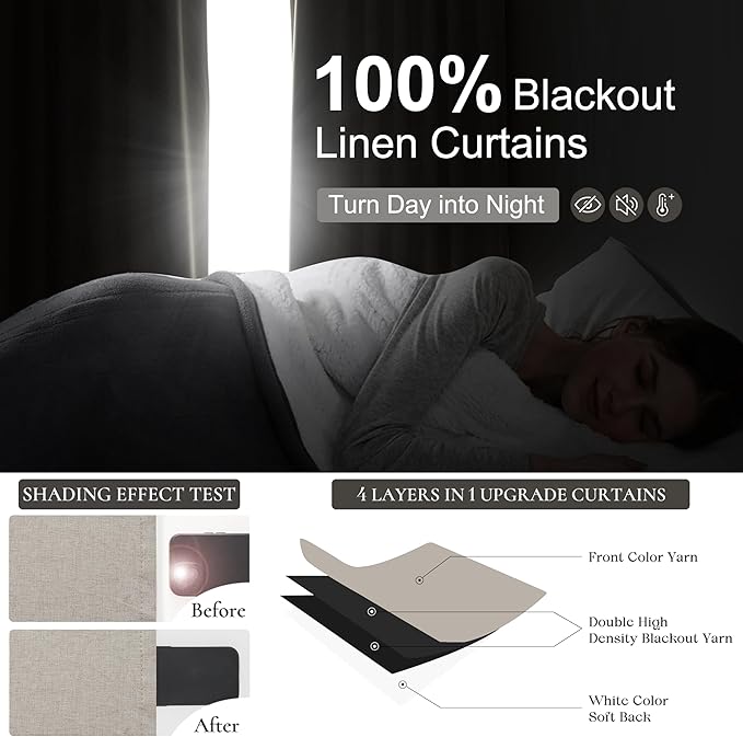Grayish Flax Linen Blend Black Out Curtains 96 Inch Long