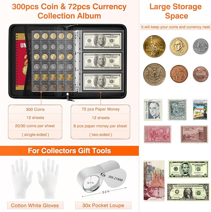 Coin Collection Book with Lock,Fireproof Holders for Collectors,300 Pockets Coin Collection Supplies & 72 Sleeves Currency Storage Case,Coin Organizer Collecting Album for Bill,Pennies,Quarters,Stamp
