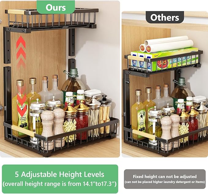 Merrylun Under Sink Organizers, 5 Adjustable Height，Metal Pull Out Under Sink