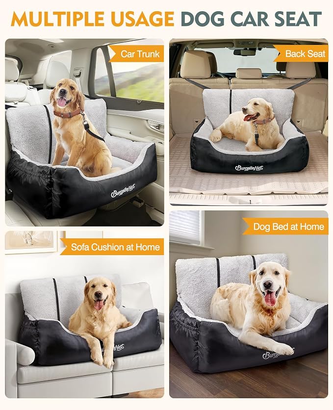 BurgeonNest Dog Car Seat for Medium/Large Dogs Under 55 lbs, Soft Pet Car Travel Home Bed, Fully Detachable and Washable Booster Carseats with Storage Pockets and Clip-On Leash Portable Carrier,Black