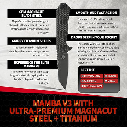 Off-Grid Knives - MAMBA V3, Large EDC Knife with MagnaCut Blade Steel, Titanium Scales and Hardware, Manual Ball Bearing Flipper, Four Finger Grip, Deep Pocket Carry (Blackout)