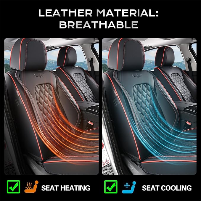 Coverado Full Set Car Seat Covers, Luxury Faux Leather Waterproof Seat Covers, 5-Seat Universal Fit, Front & Back Car Seat Protectors,Leather Seat Covers for Most Cars-Black & Red Line