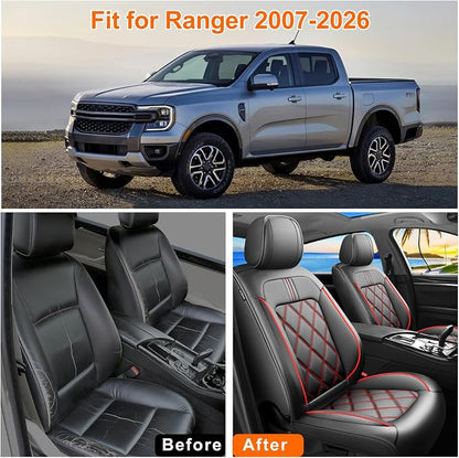 Ranger Car Seat Covers Custom Fit for Ford Ranger 2019-2026, Full Coverage Leather Waterproof Breathable Seat Covers, Automotive Seat Protectors, Airbag Compatible(2 Front Seats, Black & Red)