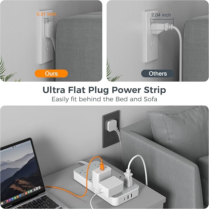 Power Strip Surge Protector 10 FT, TESSAN Flat Plug Extension Cord