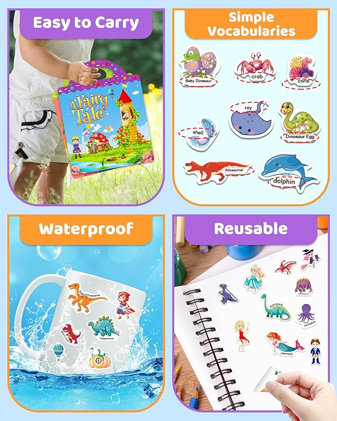 Benresive Reusable Sticker Books for Kids 2-4, Sticker Books for Toddlers 1-3 2-4, Toddler Travel Toys Activities Crafts Gifts - Ocean, Fairy and Dinosaur