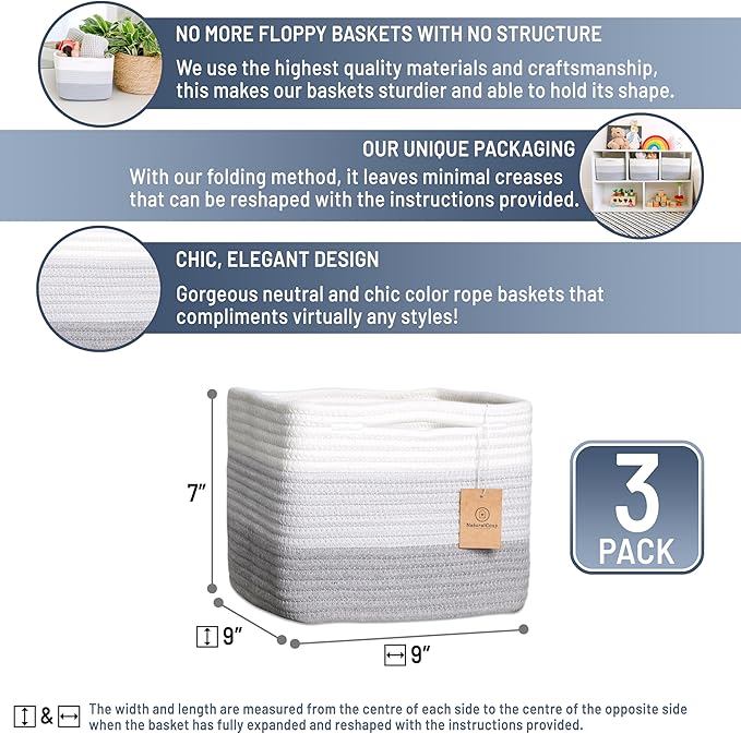 NaturalCozy Storage Cubes 9”x9”x7”Cotton Rope Woven Baskets