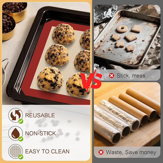 HOTEC Silicone Baking Mats 3 Pack – Thickened Non-Stick Reusable Silicone