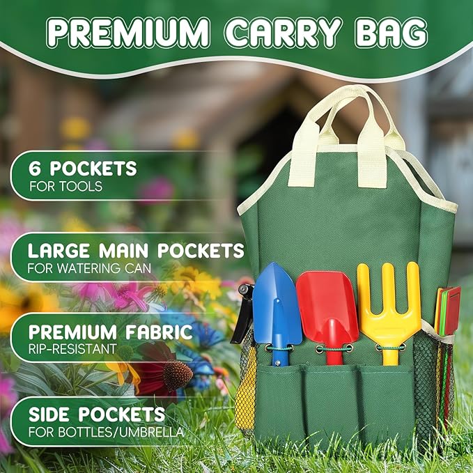Kids Gardening Tool Set, 20PCS Gardening Toys Includes Metal Rake,Fork,Trowel,Apron,Gloves,Watering Can,Tote Bag, Garden Tool Kit for Kids, Outdoor Toys Gift for Boys Girls