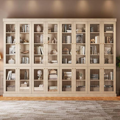 70.8" Bookshelf with Glass Doors, Farmhouse Modular Bookcase with 6-Tier Adjustable Shelves, Large Storage Cabinet for Living Room & Home Office, Set of 3, Brown