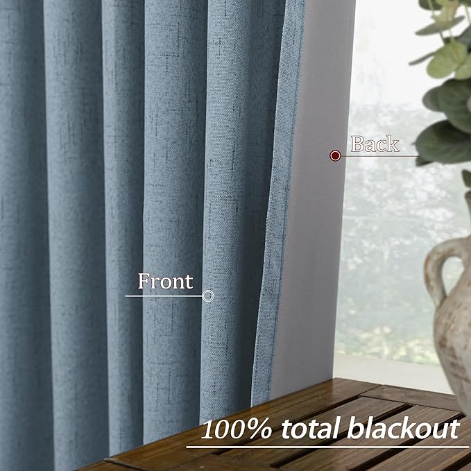 KOUFALL Blue Curtains 108 Inches Long, Linen Blackout Light Dusty Blue Black