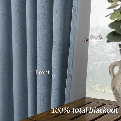 KOUFALL Blue Curtains 108 Inches Long, Linen Blackout Light Dusty Blue Black