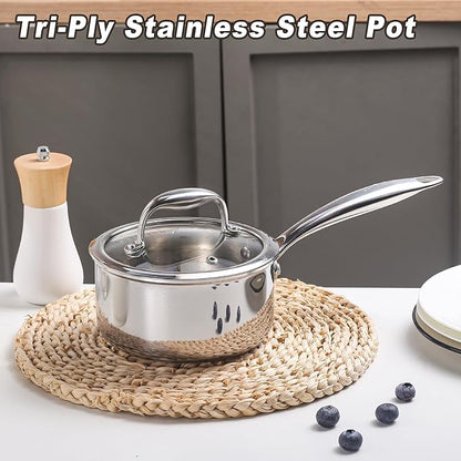 1-Quart Saucepan with Lid, Tri-Ply Stainless Steel Pot with Stay-Cool Handle &