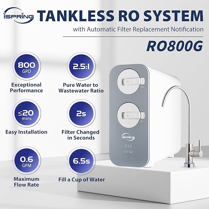 iSpring RO800G Tankless Reverse Osmosis System, 800 GPD Under Sink Water Filter