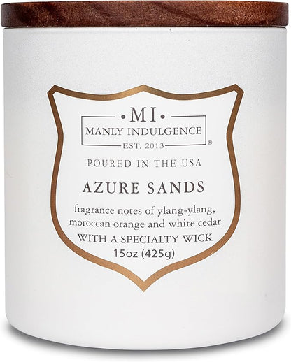 Manly Indulgence Azure Sands Scented Candles for Men, 15 oz Wooden Wick, Premium Soy Blend Wax, 60H Burn, Candles for Home Scented - Made in The USA