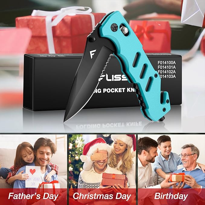 FLISSA Folding Pocket Knife with Clip, Glass Breaker and Seatbelt Cutter, Survival Knife for Emergency Rescue Situations, EDC Knife for Tactical, Hunting, Camping, Outdoor, Unique Gifts for Dad, Father-Blue