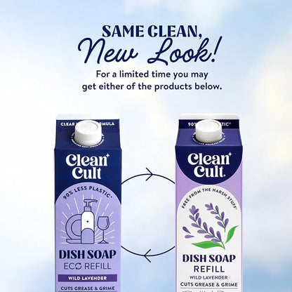 Cleancult Dish Soap Liquid Refills (32oz, 3 Pack) - Plant Based Cleaning Power - Dish Soap that Cuts Grease & Grime - Free of Harsh Chemicals - Uses 90% Less Plastic - Wild Lavender