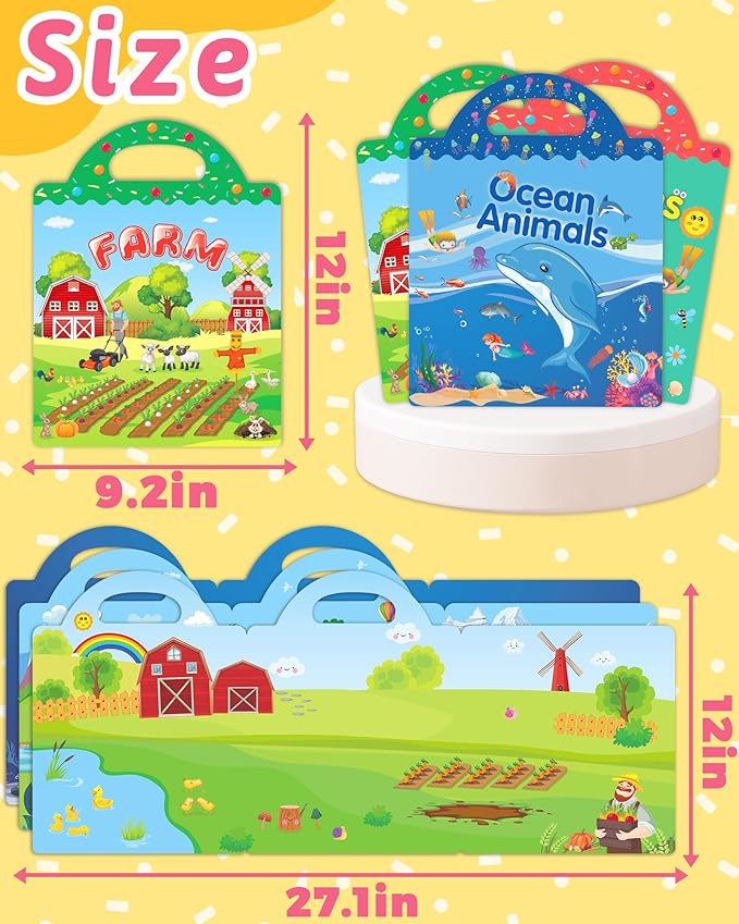 Benresive Reusable Sticker Book for Toddlers 2-4 Years, 3 Sets Travel Stickers for Kids, Waterproof Sticker Books for Toddlers 1-3, Crafts Activities for Todddlers 1-3 2-4 3-5