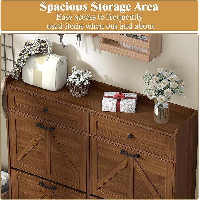 Shoe Cabinet with 4 Flip Drawers & 2 Storage Drawers, Rustic Farmhouse Narrow