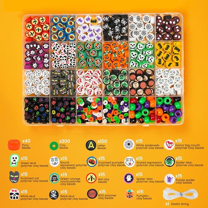Gionlion 700 Pcs Halloween Polymer Clay Beads Bracelet Making Kit, Pumpkins Skulls Ghosts Spiders Bats Pony Letter Beads for Halloween Party Favors, Toys Gifts for 4+ Year Old Kids